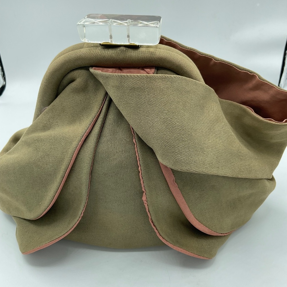 Vintage Muted - Khaki Green And Salmon - Peach Wristlet Purse 1930’s-1940’s - Picture 10 of 11
